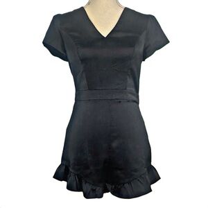 BEBE BLACK SATIN ROOMPER SZ 4 WITH RUFFEL ACCENTS